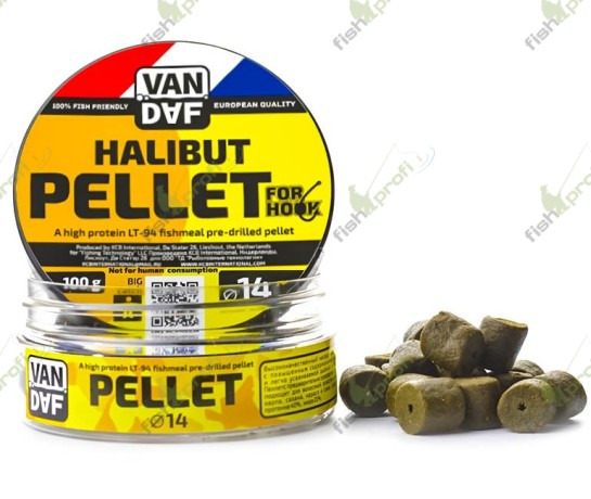 Пеллетс VAN DAF Halibut (Палтус) с отверстием под волос, 14 мм, банка 100 г.