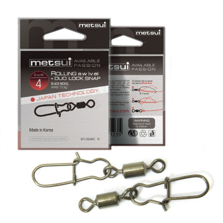 Вертлюги с карабином Metsui (митсуи) Rolling Swivel with duo lock snap черные, № 6 (1 уп.-12 шт.)