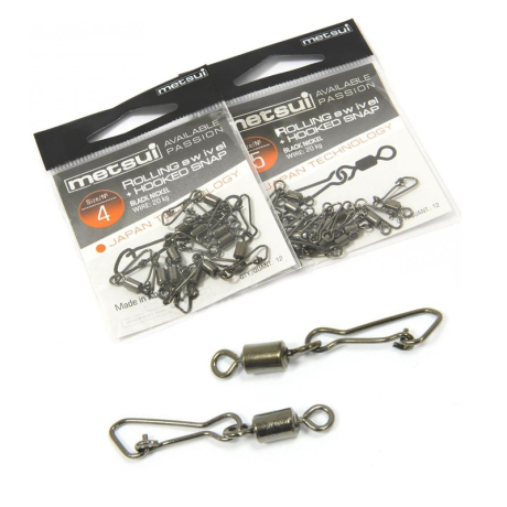 Вертлюги с карабином Metsui (митсуи) Rolling Swivel with hooked snap черные, № 5 (1 уп.-12 шт.)